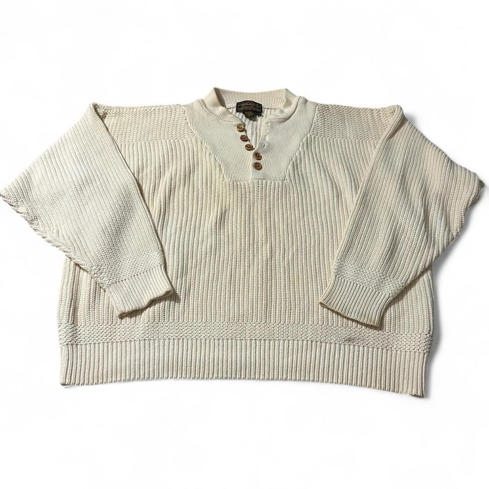 Vintage 90s Eddie Bauer Cream Knit Henley Fisherman Sweater Boxy XL